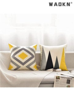 WAOKN Modern Geometric Pattern Pillow Cases, 4Pcs, Yellow and Grey, 18 x 18 Inches, Cotton Polyester Blend, Square Cushion Cover for Sofa Bed Home Decor  - Image 4