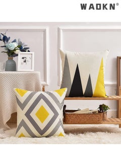 WAOKN Modern Geometric Pattern Pillow Cases, 4Pcs, Yellow and Grey, 18 x 18 Inches, Cotton Polyester Blend, Square Cushion Cover for Sofa Bed Home Decor  - Image 5