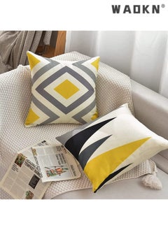 WAOKN Modern Geometric Pattern Pillow Cases, 4Pcs, Yellow and Grey, 18 x 18 Inches, Cotton Polyester Blend, Square Cushion Cover for Sofa Bed Home Decor  - Image 2