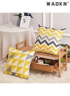 WAOKN Modern Geometric Pattern Pillow Cases, 4Pcs, Yellow and Grey, 18 x 18 Inches, Cotton Polyester Blend, Square Cushion Cover for Sofa Bed Home Decor  - Image 3