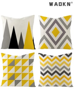 WAOKN Modern Geometric Pattern Pillow Cases, 4Pcs, Yellow and Grey, 18 x 18 Inches, Cotton Polyester Blend, Square Cushion Cover for Sofa Bed Home Decor  - Image 1