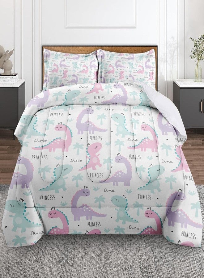 Nesphy Princess Dinosaur Animal Comforter Set for Girls Kids Toddlers Teens Adults Twin, Cute Dino Pink Bedding Sets Water Washed Microfiber Bedding with 1 Comforter 1 Pillowcase All Season - Image 1