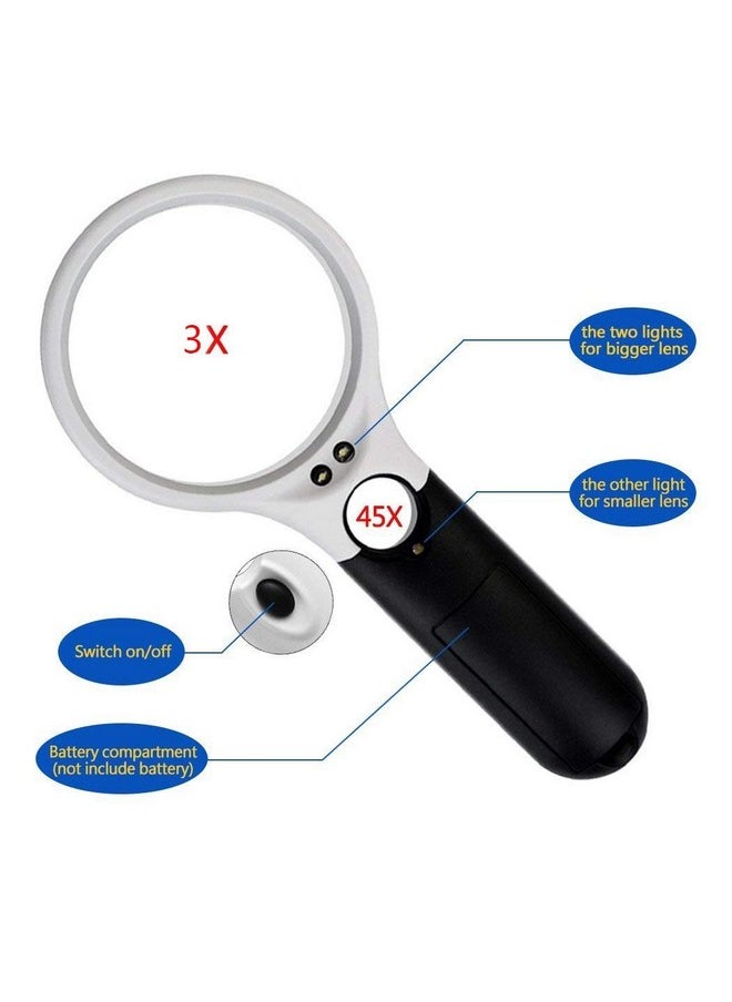 LUVINA - Magnifier 3 Led Light,3X 45X Handheld Magnifier Reading Magnifying Glass Lens Jewelry Loupe White And Black - Image 1