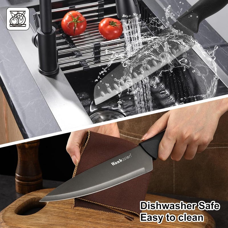 Wanbasion Black Stainless Steel Knife Set, Sharp Kitchen Knife Set Professional, Kitchen Knife Set Dishwasher Safe with Covers for Cooking - Image 5