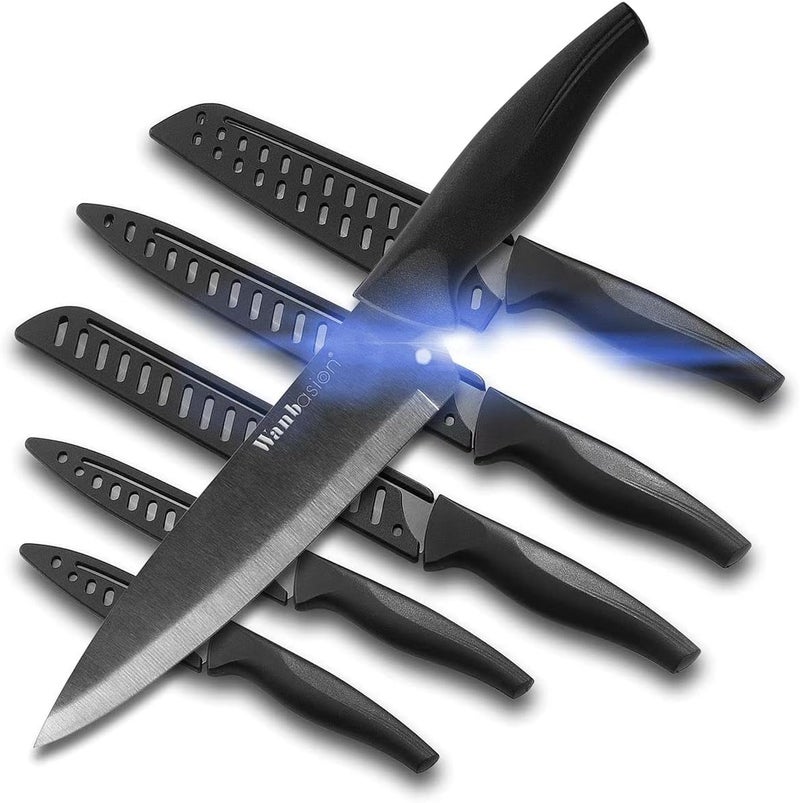Wanbasion Black Stainless Steel Knife Set, Sharp Kitchen Knife Set Professional, Kitchen Knife Set Dishwasher Safe with Covers for Cooking - Image 1