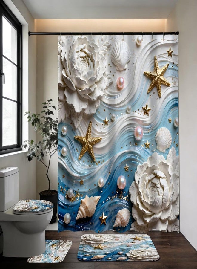 DDQQ 3D Waves and Starfish Shower Curtains with Rugs, Seashells and Pearl Accents Bathroom Sets with Shower Curtain and Rugs, White Flower Shower Curtains for Bathroom Toilet Lid Cover - Image 2
