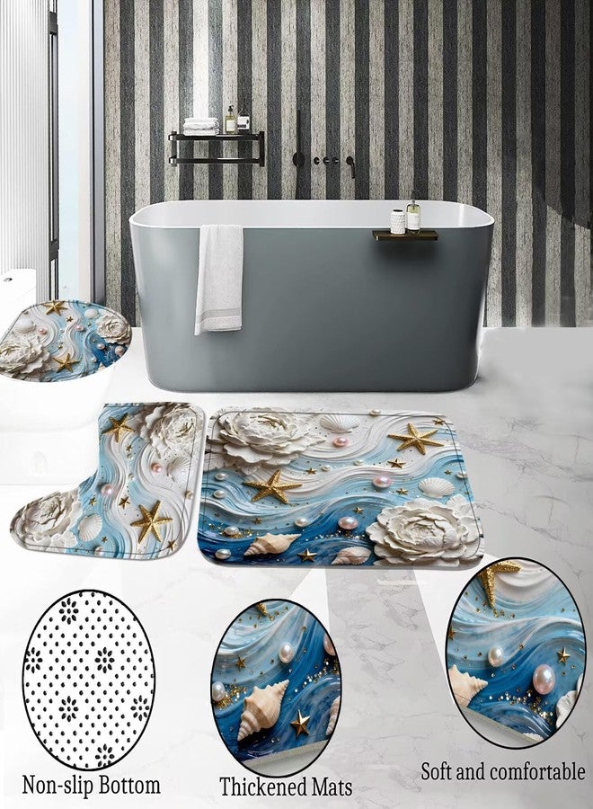 DDQQ 3D Waves and Starfish Shower Curtains with Rugs, Seashells and Pearl Accents Bathroom Sets with Shower Curtain and Rugs, White Flower Shower Curtains for Bathroom Toilet Lid Cover - Image 5