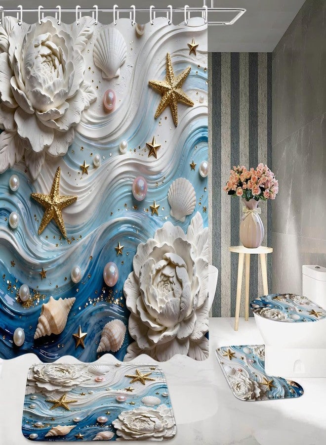 DDQQ 3D Waves and Starfish Shower Curtains with Rugs, Seashells and Pearl Accents Bathroom Sets with Shower Curtain and Rugs, White Flower Shower Curtains for Bathroom Toilet Lid Cover - Image 4