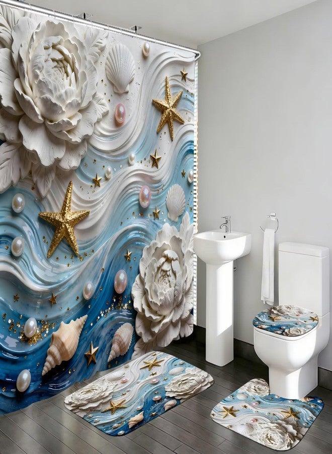 DDQQ 3D Waves and Starfish Shower Curtains with Rugs, Seashells and Pearl Accents Bathroom Sets with Shower Curtain and Rugs, White Flower Shower Curtains for Bathroom Toilet Lid Cover - Image 1