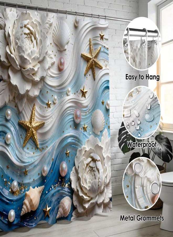DDQQ 3D Waves and Starfish Shower Curtains with Rugs, Seashells and Pearl Accents Bathroom Sets with Shower Curtain and Rugs, White Flower Shower Curtains for Bathroom Toilet Lid Cover - Image 3