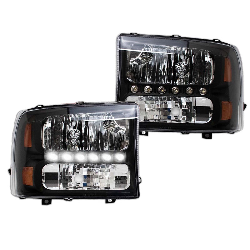 TRQ 2 Piece Headlight Assembly Set Performance LED Daytime Running Lights Black Bezel Driver Passenger Side Compatible with Ford Excursion 20002004 F250 F350 19992004 F450 F550 19992003