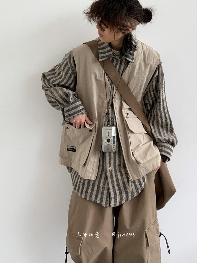 Cityboy Japanese retro spliced fake two-piece work shirt for men and women casual loose long-sleeved shirt jacket - Image 3