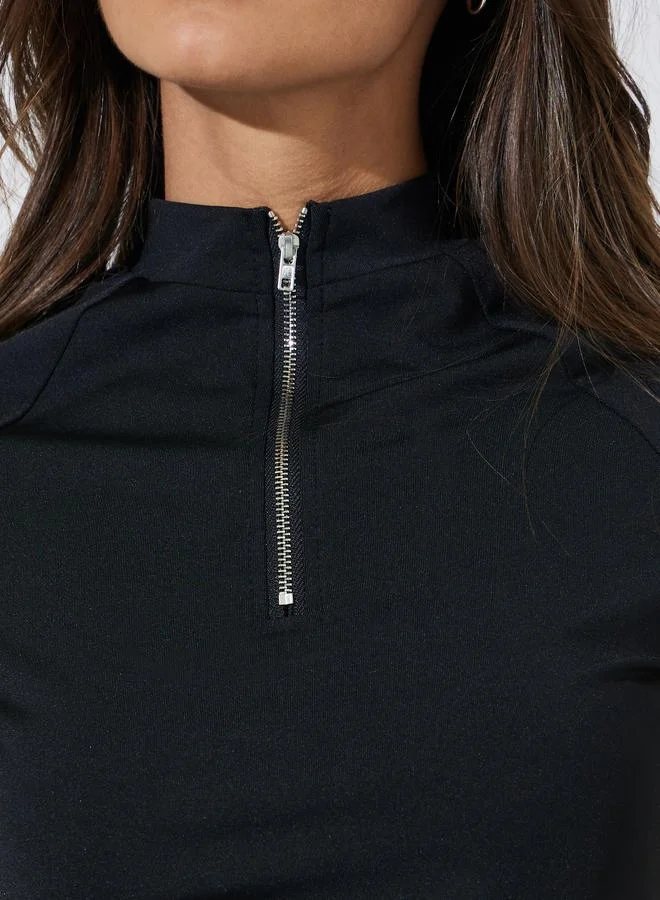 Styli  Black Solid Zip-Up High Neck Top and Leggings Co-Ord Set for Women | Best Price UAE