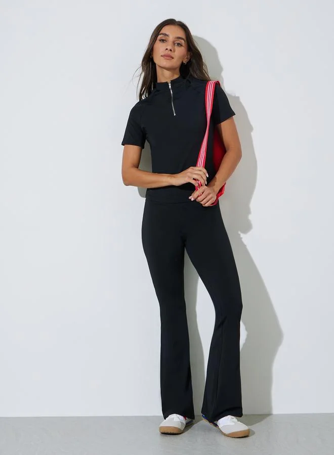 Black Solid Zip-Up High Neck Top and Leggings Co-Ord Set