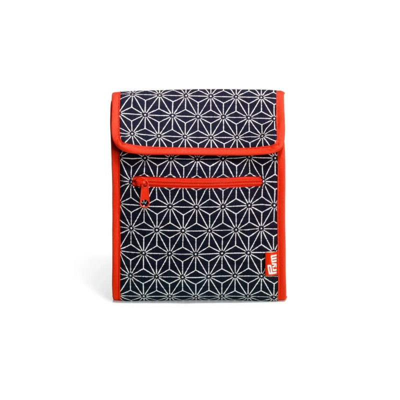 Prym Circular Knitting Needle Case â€“ 9â€ x 7-1/4â€ Fan-Fold Organizer with 10 Pockets, Magnetic Closure & Zip Accessory Pocket - Navy Geometric - Image 1