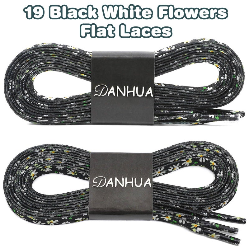 DANHUA Colored Printed Flat Shoelaces: 2 Pair Black White Flowers Patterned Shoe Laces for Sneakers 55 inch - Image 2