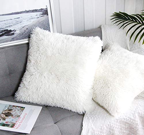 Uhomy 2 Packs Fluffy Accent Pillows Cover 20"x20", Soft White Faux Fur Throw Pillow Case, Modern Luxury Decorative Square Cushion Cover for Farmhouse Home Decor for Sofa/Bed/Chair, 50x50cm - Image 3