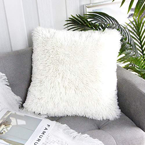 Uhomy 2 Packs Fluffy Accent Pillows Cover 20"x20", Soft White Faux Fur Throw Pillow Case, Modern Luxury Decorative Square Cushion Cover for Farmhouse Home Decor for Sofa/Bed/Chair, 50x50cm - Image 1