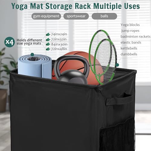 wymulot Yoga Mat Storage Racks, Home Gym Storage Rack with Wheels, Yoga Mat Holder Side 2 Mesh Pockets, Yoga Storage Basket Holds 4 Yoga Mats, 2 Foam Rollers, 6 Resistance Bands (Black) - Image 3