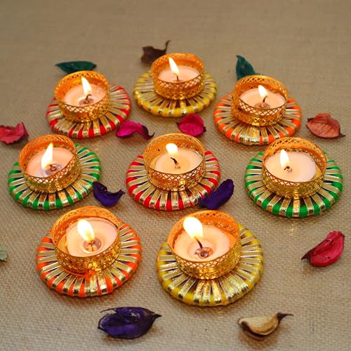 Jaipur Ace Luxurious Handmade Colorful Tea Light Holders Set | Decorative Candle Holders for Diwali, Laxmi Pooja & Festival Home Decoration | Unique Gift Item for Festive Décor (8 Pcs) - Image 2