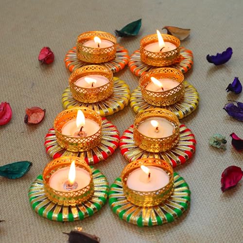 Jaipur Ace Luxurious Handmade Colorful Tea Light Holders Set | Decorative Candle Holders for Diwali, Laxmi Pooja & Festival Home Decoration | Unique Gift Item for Festive Décor (8 Pcs) - Image 1