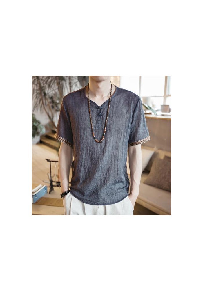 Chinese Style Men's Buckle Linen T-shirt Summer Loose Short-sleeved plus size T-shirt Thin Chinese Style Vintage Cotton and Linen T-shirt - Image 1
