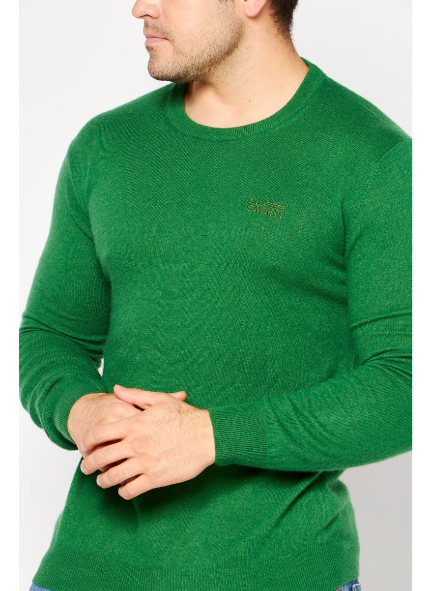 Cavalli Class Men Crew Neck Long Sleeve Brand Logo Sweater, Green  - Image 3