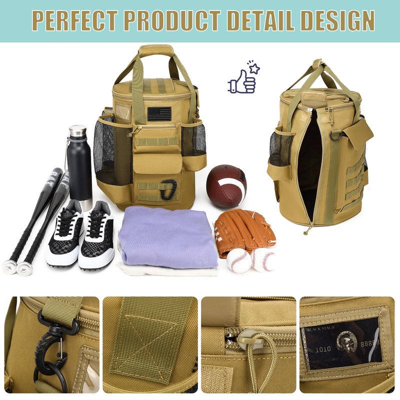 SunForMorning Baseball Bucket Bag Baseball Coaching Accessories Organizer Tactical Style Softball Bucket Bag with Anti-Slip Bottom, Multiple Pockets for Bat, Gloves, Scoreboards, Brown - Image 4