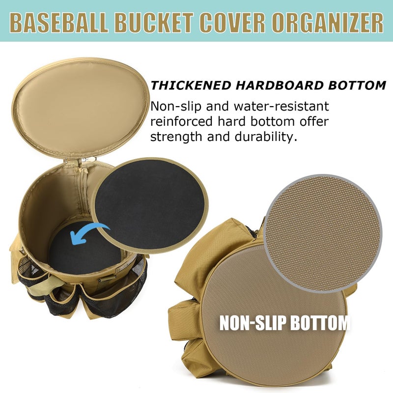 SunForMorning Baseball Bucket Bag Baseball Coaching Accessories Organizer Tactical Style Softball Bucket Bag with Anti-Slip Bottom, Multiple Pockets for Bat, Gloves, Scoreboards, Brown - Image 5