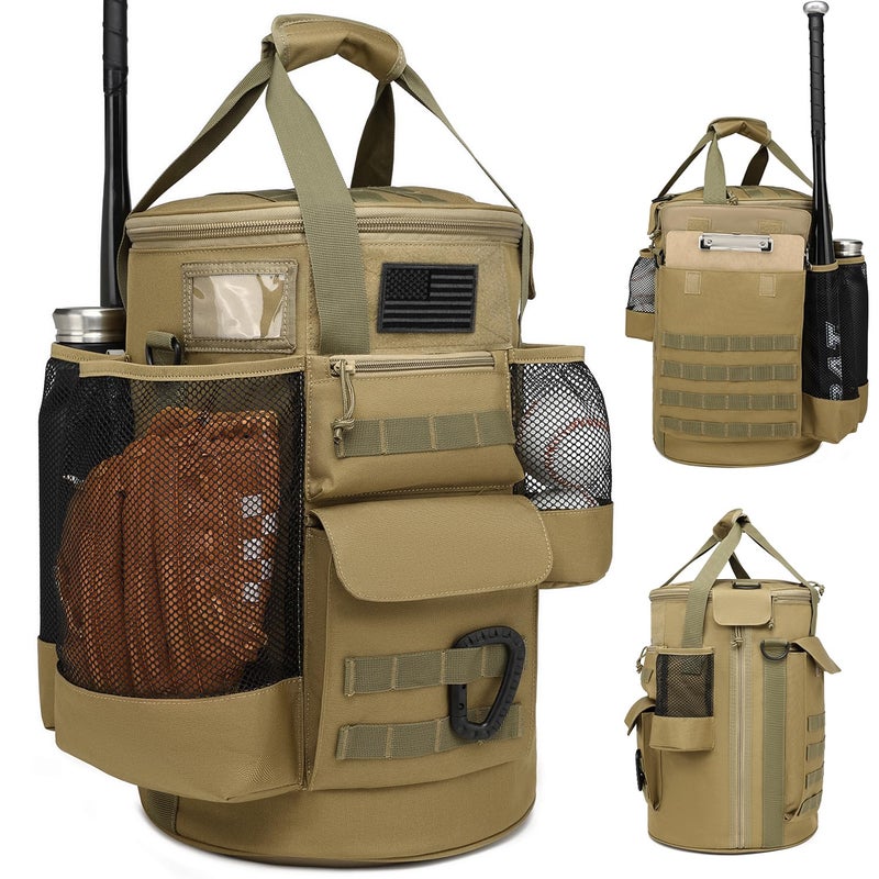 SunForMorning Baseball Bucket Bag Baseball Coaching Accessories Organizer Tactical Style Softball Bucket Bag with Anti-Slip Bottom, Multiple Pockets for Bat, Gloves, Scoreboards, Brown - Image 1