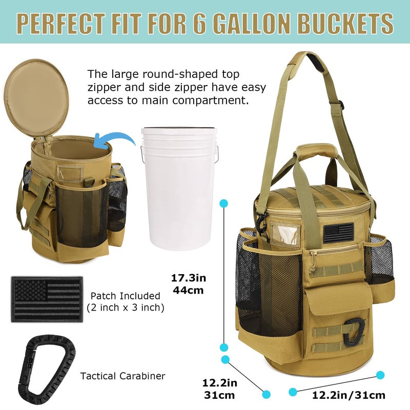 SunForMorning Baseball Bucket Bag Baseball Coaching Accessories Organizer Tactical Style Softball Bucket Bag with Anti-Slip Bottom, Multiple Pockets for Bat, Gloves, Scoreboards, Brown - Image 2