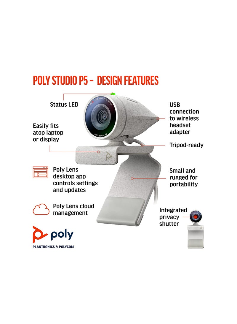Poly Studio P5 Professional Hd Webcam Plantronics 1080P Hd Video Conference Camera White - Image 2