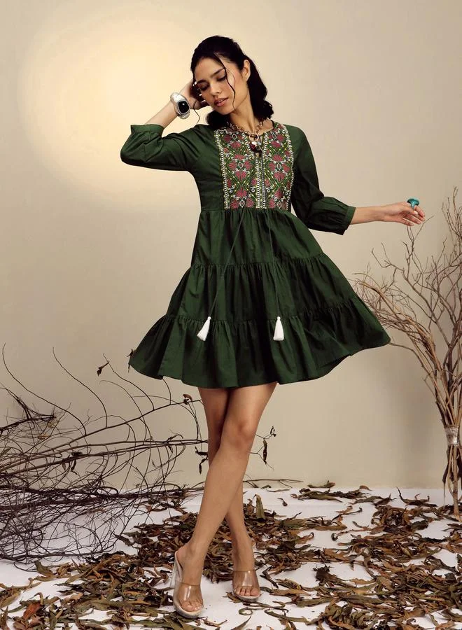 Sassafras Olive Poplin Embroidered Gathered Knee Length Dress