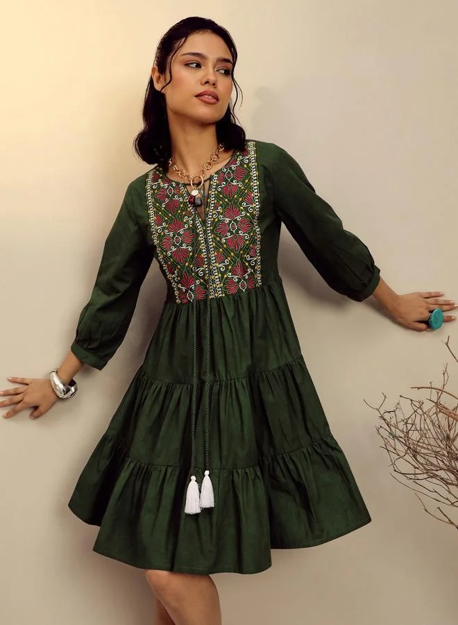 Sassafras Olive Poplin Embroidered Gathered Knee Length Dress