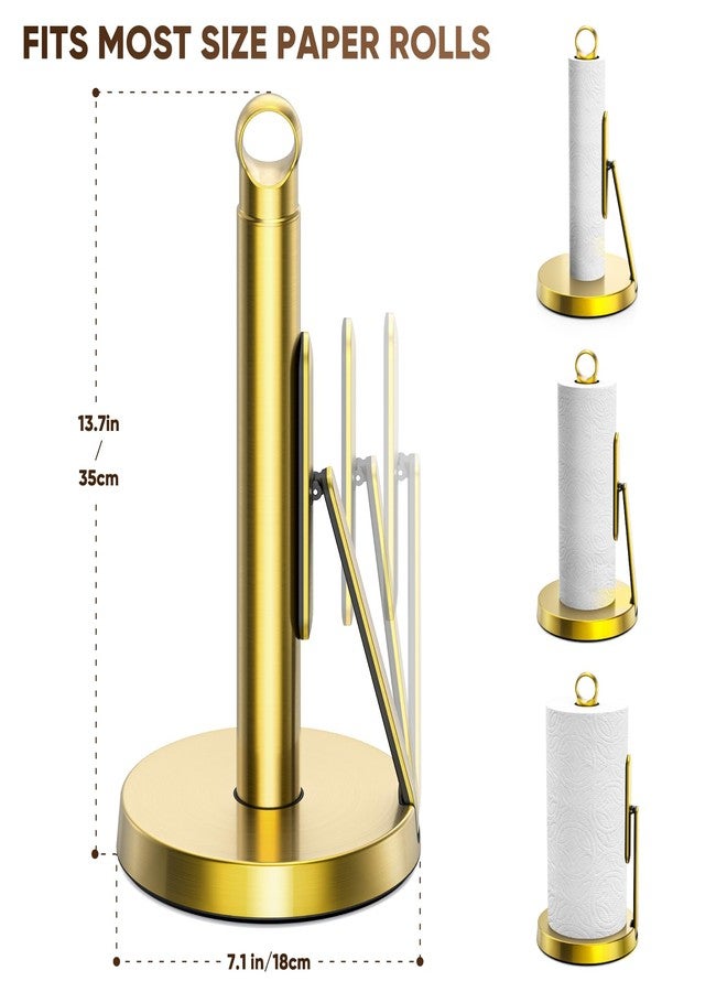 theaoo Heavy-Duty Stainless Steel Paper Towel Holder with Tension Arm - Easy One-Handed Tear, Modern Standing Countertop Dispenser for Kitchen, Holds All Paper Towel Rolls (1, Gold) - Image 3