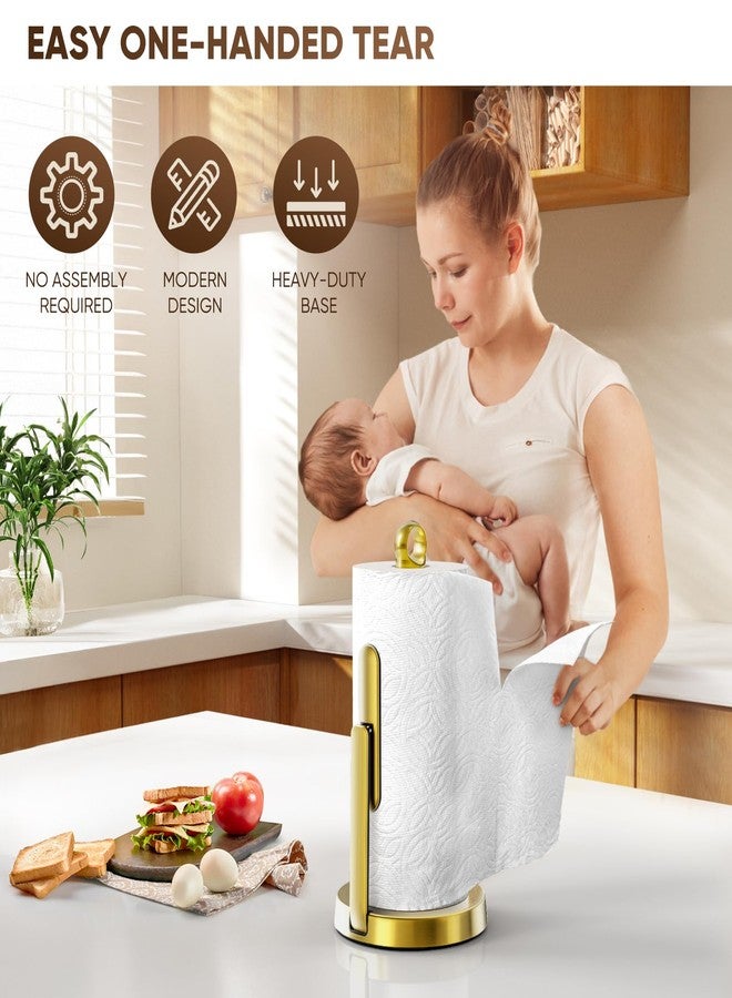 theaoo Heavy-Duty Stainless Steel Paper Towel Holder with Tension Arm - Easy One-Handed Tear, Modern Standing Countertop Dispenser for Kitchen, Holds All Paper Towel Rolls (1, Gold) - Image 4