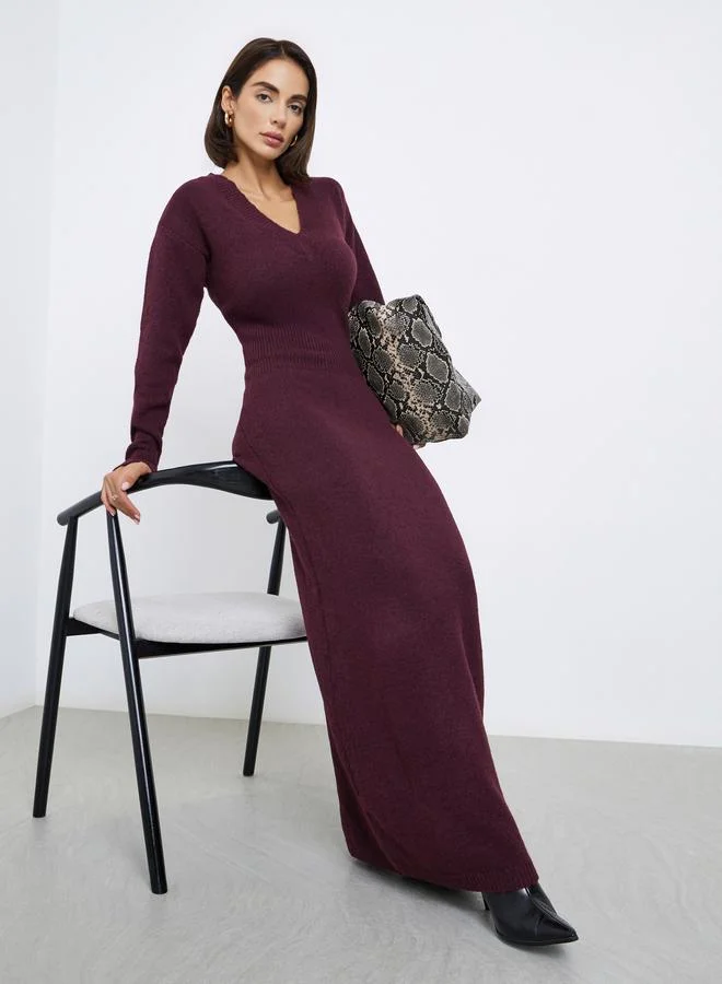 Burgundy Long Sleeves Sweater Maxi Dress