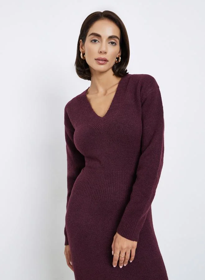 Styli Burgundy Long Sleeves Sweater Maxi Dress