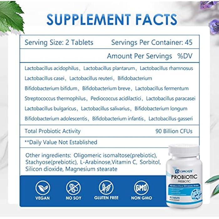 OMOGS Probiotics 90 Billion CFUs 18 Strains,with 3 Organic Prebiotics & Vitamin C,Nutritional Supplement for Women,Men & Kids,Support Metabolism,Immunity and Digestive Health,Non-GMO, 90 Tablets - Image 2