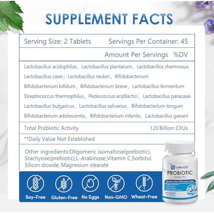 OMOGS Probiotics 120 Billion CFUs 18 Strains,with 3 Organic Prebiotics & Vitamin C,Nutritional Supplement for Women,Men & Kids,Support Metabolism,Immunity and Digestive Health,Non-GMO, 120 Tablets - Image 2