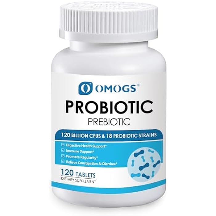 OMOGS Probiotics 120 Billion CFUs 18 Strains,with 3 Organic Prebiotics & Vitamin C,Nutritional Supplement for Women,Men & Kids,Support Metabolism,Immunity and Digestive Health,Non-GMO, 120 Tablets - Image 1