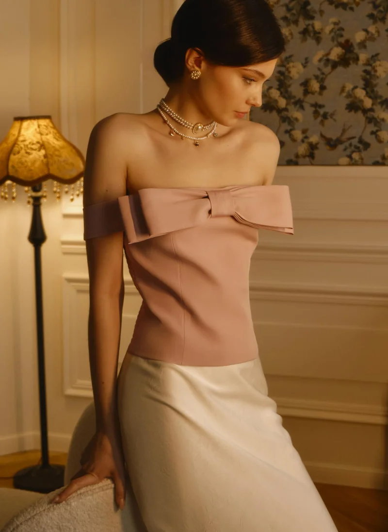 Lichi  Corset top with open shoulders and frontal bow for Women | Best Price UAE