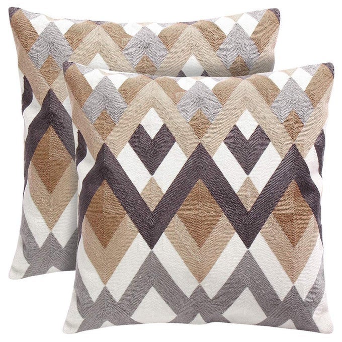 THROW PILLOW COVERS FOR COUCH LIVING ROOM 18X18 INCHES SET OF 2 FULL EMBROIDERY GEOMETRIC STRIP PATTERN ON FACE DECORATIVE THROW COUCH PILLOWS FOR BED