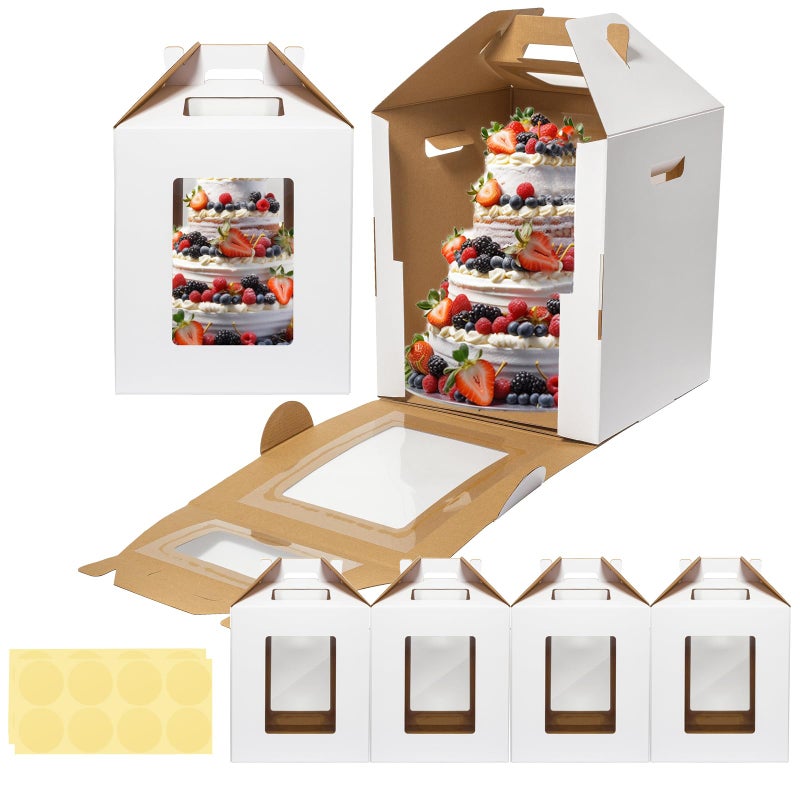 Mcfleet Tall Cake Boxes 4 Pack 12x12x14 for Tier Cakes with Window 12 Inch Disposable Large Layer Bakery Carrier with Handle Bakery Safe Transport Box for Wedding Birthday Party