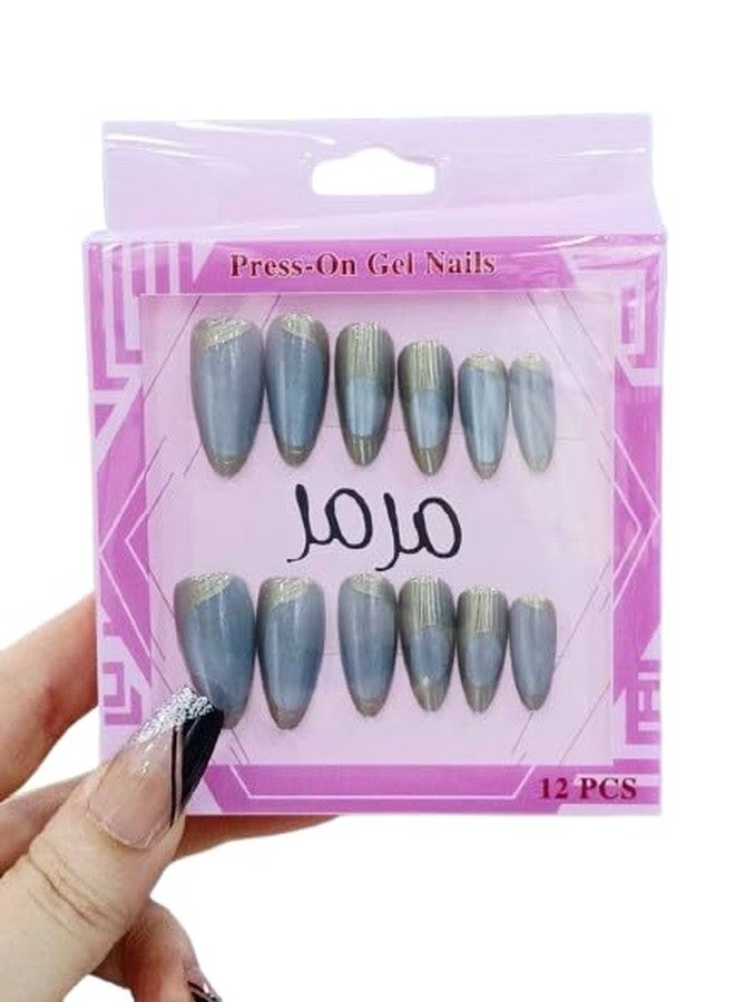 FICTIOUS Salon Style Almond Shape Press-On Nails 12PCS - Elegant Gold Line Artificial Fingernails, False Nail Set for Women & Girls for Daily, Parties, Weddings Occasions (Multicolor & Multidesign) - Image 3