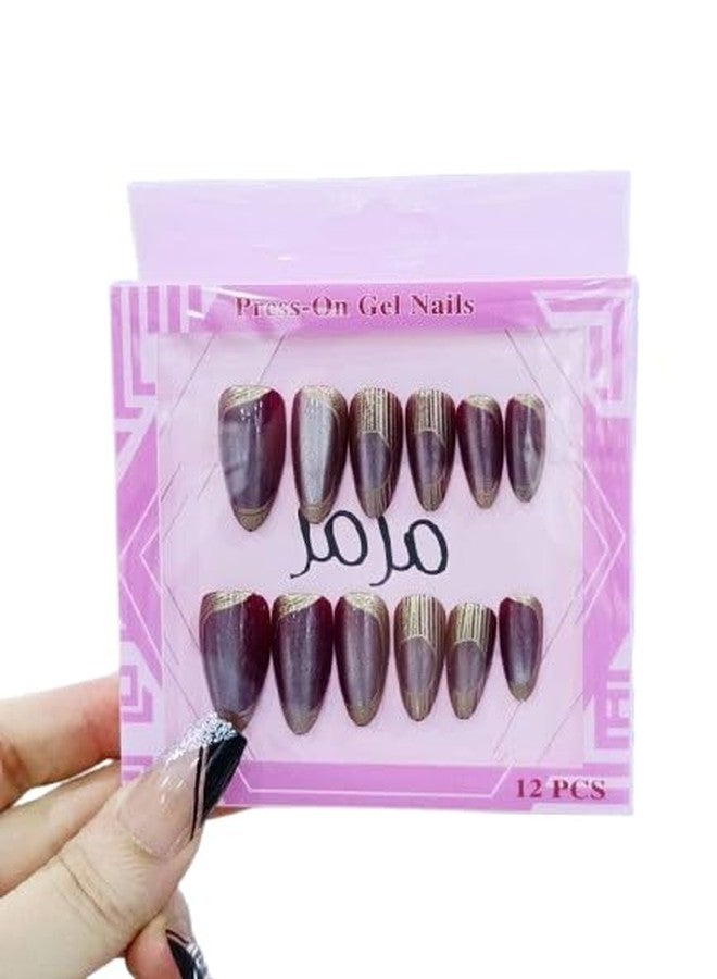 FICTIOUS Salon Style Almond Shape Press-On Nails 12PCS - Elegant Gold Line Artificial Fingernails, False Nail Set for Women & Girls for Daily, Parties, Weddings Occasions (Multicolor & Multidesign) - Image 1