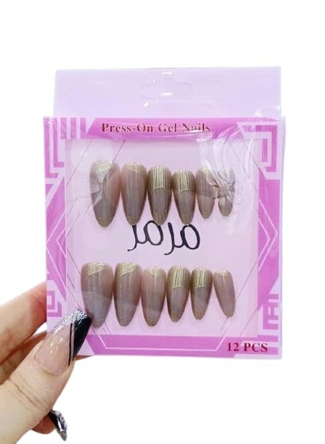 FICTIOUS Salon Style Almond Shape Press-On Nails 12PCS - Elegant Gold Line Artificial Fingernails, False Nail Set for Women & Girls for Daily, Parties, Weddings Occasions (Multicolor & Multidesign) - Image 5