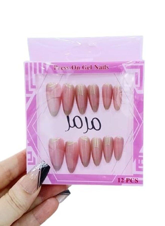 FICTIOUS Salon Style Almond Shape Press-On Nails 12PCS - Elegant Gold Line Artificial Fingernails, False Nail Set for Women & Girls for Daily, Parties, Weddings Occasions (Multicolor & Multidesign) - Image 2