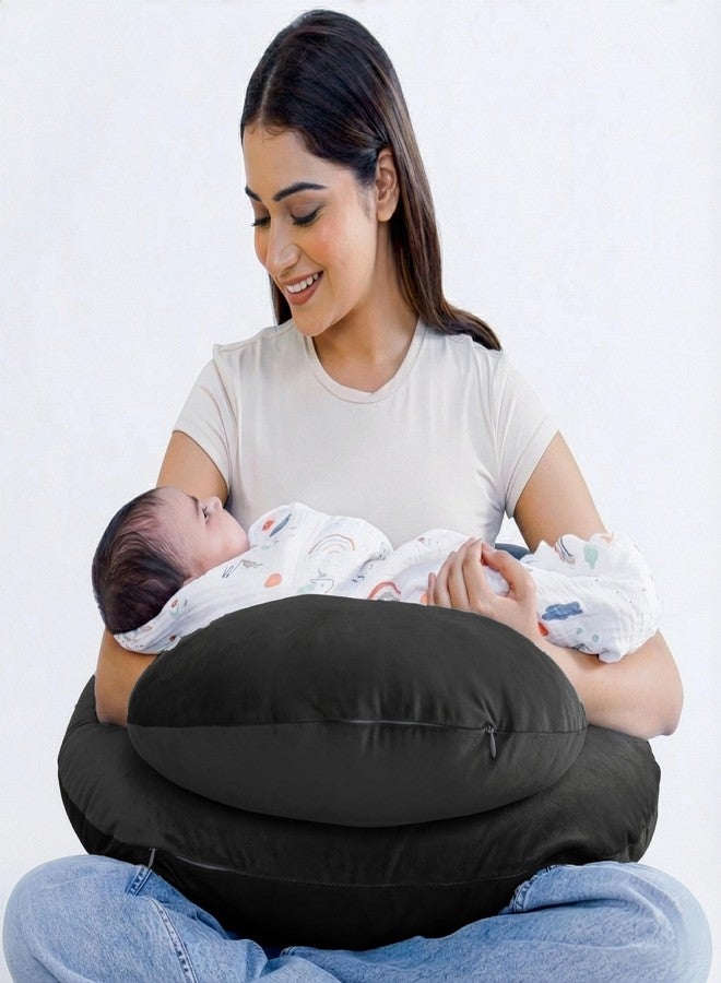 Cherilo وسادة الرضاعة شيريلو، وسادة رضاعة بمقاس كبير مع تصميم سياج أمان لدعم إضافي للطفل، حزام خصر قابل للتعديل | غطاء مخملي فاخر قابل للإزالة | أسود - Image 1