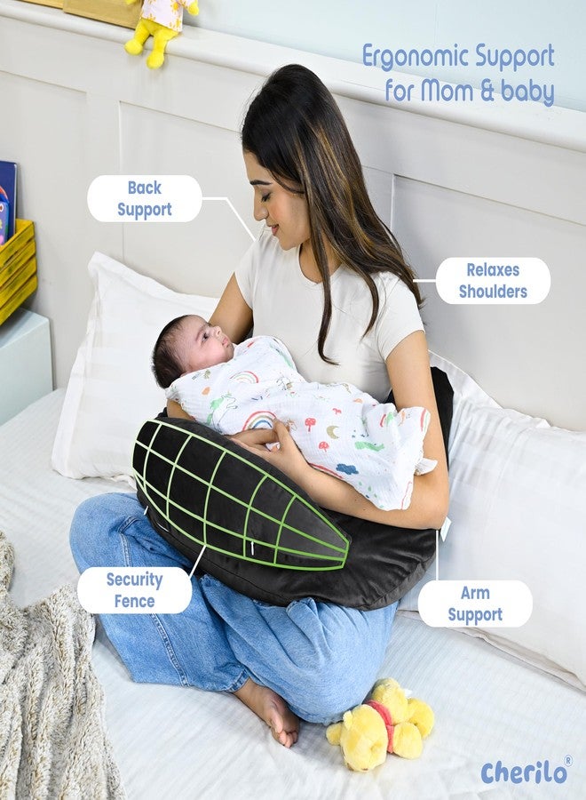 Cherilo وسادة الرضاعة شيريلو، وسادة رضاعة بمقاس كبير مع تصميم سياج أمان لدعم إضافي للطفل، حزام خصر قابل للتعديل | غطاء مخملي فاخر قابل للإزالة | أسود - Image 3
